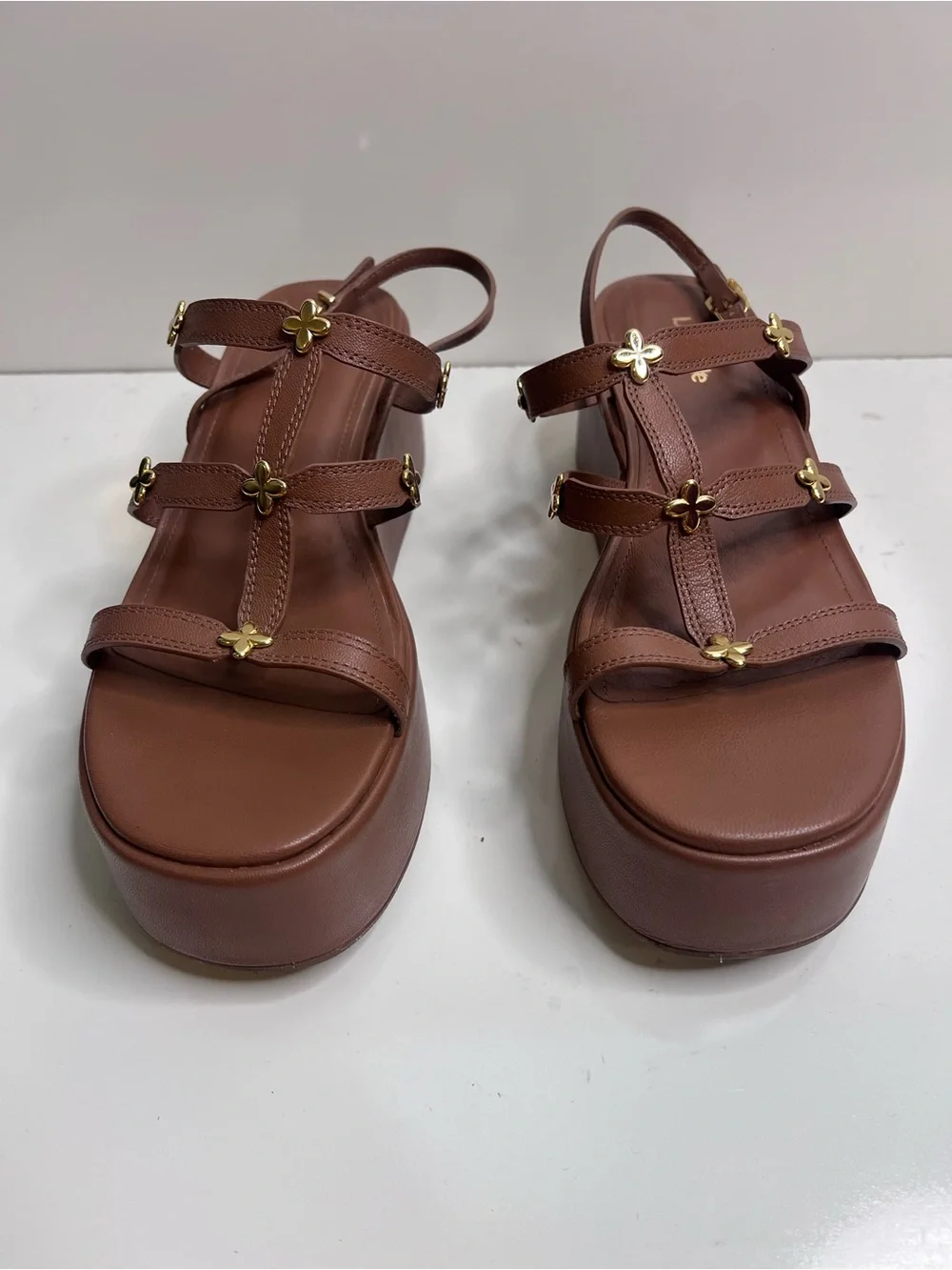 LARROUDE Harmony Platform Strappy Sandal with Gold Flower Accents Brown 8.5
